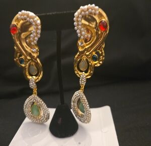 Schiaparelli Inspired Gold-Tone Dangle Earrings with Red, Blue and Green Stones